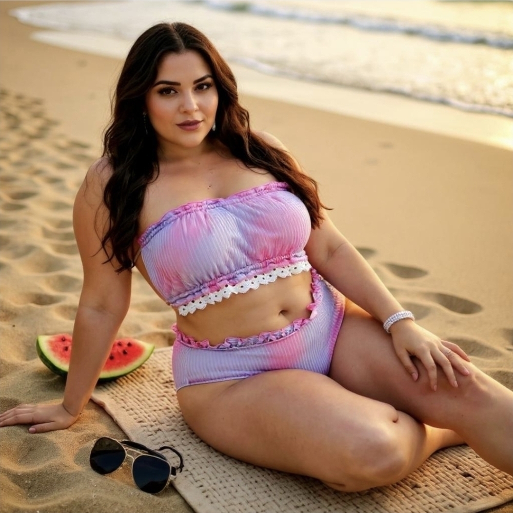 SHEIN ✦ Plus Size Tie Dye Velvet Rib Bikini ✦ Pink Purple Ombre Wireless Bandeau